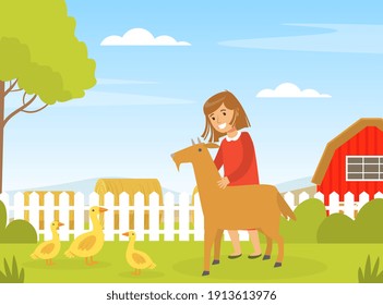 Cute Girl Playing with Goat on Farm Yard, Kid Interacting with Domestic Animal in Petting Zoo Cartoon Vector Illustration.