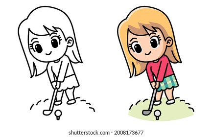 Cute girl playing golf coloring page for kids