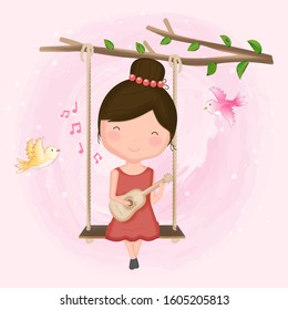 Cute girl playing guitar on swing and bird hand drawn cartoon illustration