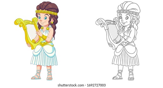 Cute girl playing harp. Coloring page and colorful clipart character. Cartoon design for t shirt print, icon, logo, label, patch or sticker. Vector illustration.