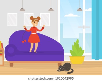 Cute Girl Playing with her Cat with Bow, Kid Having Fun with Pet Animal at Home Cartoon Vector Illustration