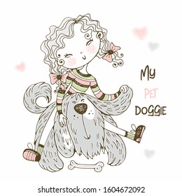 Cute girl playing with her shaggy friend doggie. Vector.