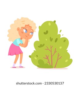 Cute girl playing hide and seek outdoor, child peeping over green bush vector illustration. Cartoon isolated small kid hiding while counting in summer park or garden to play fun game with friends