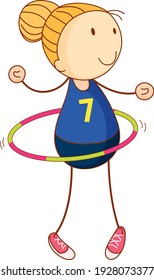 Cute girl playing hula hoop cartoon character in hand drawn doodle style isolated illustration