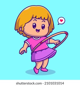 Cute Girl Playing Hula Hoop Cartoon Vector Icon Illustration. People Sport Icon Concept Isolated Premium Vector. Flat Cartoon Style