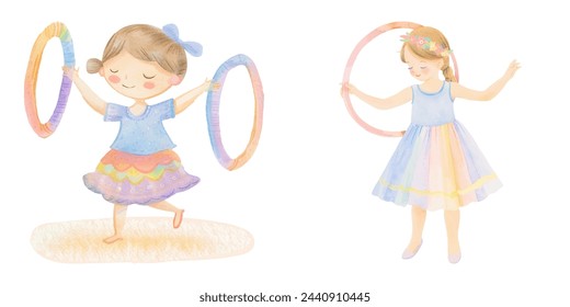 cute girl playing hula hoop watercolour vector illustration