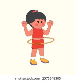 Cute girl playing hula hoop in red outfit cartoon illustration