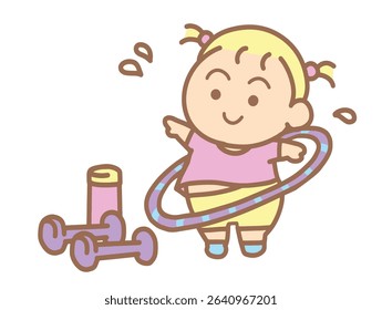 Cute girl playing Hula-hoop cartoon style.