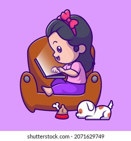 Cute Girl Playing Laptop With Puppy Dog Cartoon Vector Icon Illustration. People Animal Icon Concept Isolated Premium Vector. Flat Cartoon Style