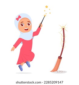 Cute girl playing magic wand with moving broom