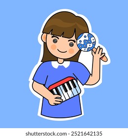 Cute Girl Playing with Musical Instruments. Toy Keyboard and Maracas. Vector Illustration. Playful Music Performance