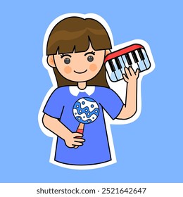 Cute Girl Playing with Musical Instruments. Toy Keyboard and Maracas. Vector Illustration. Playful Music Performance