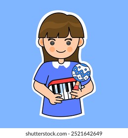 Cute Girl Playing with Musical Instruments. Toy Keyboard and Maracas. Vector Illustration. Playful Music Performance