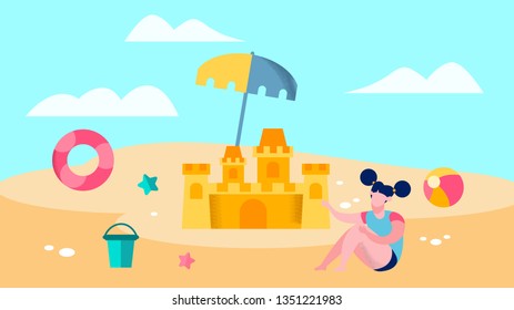 Cute Girl Playing on Beach Vector Illustration. Daughter Building Sandcastle Cartoon Character. Female Toddler, Baby Enjoying Sand Games with Bucket, Ball. Safe Seaside Rest with Floating Ring