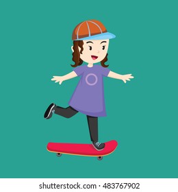 Cute girl playing on long board vector illustration