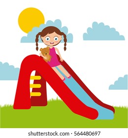 cute girl playing on the slide over sunny day landscape. colorful design. vector illustration