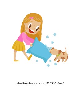 Cute girl playing pillow fight with her dog, hoodlum cheerful kid, bad child behavior vector Illustration on a white background