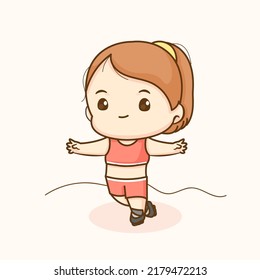 Cute girl playing roller skaters. Chibi cartoon character. Flat vector illustration