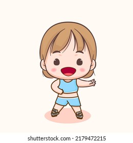 Cute girl playing roller skaters. Chibi cartoon character. Flat vector illustration