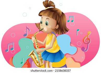 Cute Girl Playing Saxophone Cartoon Illustration