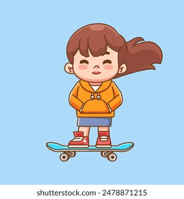 a Cute girl Playing Skateboard glide kawaii chibi character mascot illustration outline 