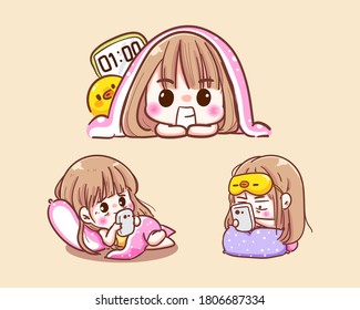 Cute Girl Playing Smartphone Or Social Online Addict While Bedding Time And Sleep Late At Night On Asleep Background With Early Bedtime Concept.