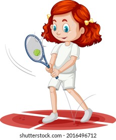 Cute girl playing tennis cartoon character isolated illustration