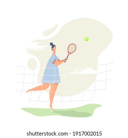 Cute girl playing tennis outdoors. Nice plump woman in a dress enjoys by summer and activity.