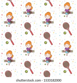 Cute Girl Playing Tennis seamless pattern illustration. Ready for print