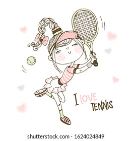 Cute girl playing tennis. Vector.