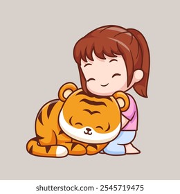 Cute Girl Playing With Tiger Cartoon Vector Icon Illustration. 
People Animal Icon Concept Isolated Premium Vector. Flat 
Cartoon Style 