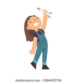 Cute Girl Playing with Toy Spacecraft Vector Illustration