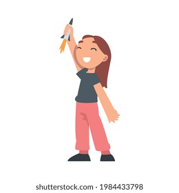 Cute Girl Playing with Toy Spacecraft Vector Illustration