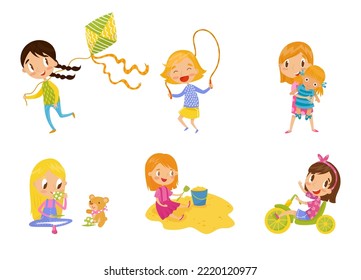 Cute Girl Playing Toys and Games Having Fun on Her Own Enjoying Childhood Big Vector Set