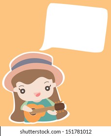 Cute girl playing ukulele with speech bubble on background , Cartoon vector illustration
