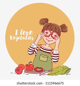 Cute Girl Playing With Vegetables. Happy Kid Having Fun Making Salad In The Kitchen, Holding Pepper Slices As Glasses