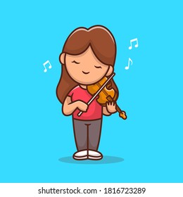 Cute Girl Playing Violin Cartoon Vector Icon Illustration. People Music Icon Concept Isolated Premium Vector. Flat Cartoon Style