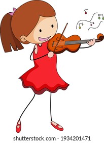 Cute girl playing violin doodle cartoon character isolated illustration