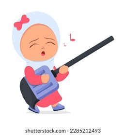 Cute girl playing virtual guitar with broom and singing