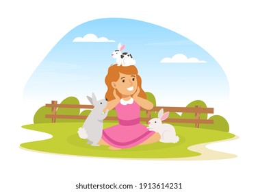 Cute Girl Playing with White Rabbits on Farm Yard, Kid Interacting with Animal in Petting Zoo Cartoon Vector Illustration