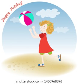 Cute girl plays the ball , Summer holiday poster
