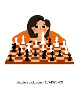 Cute girl plays chess. Young woman competing in chess. Leisure activity concept illustration. Girl sitting with chessboard and chess figures. Woman thinking about next best move in chess exercise.