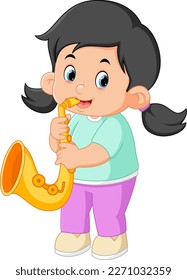 a cute girl plays a saxophone musical instrument of illustration