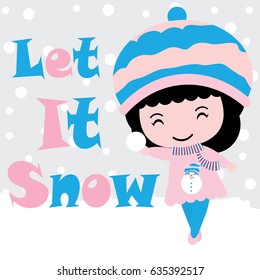 Cute girl plays snow vector cartoon, Xmas postcard, wallpaper, and greeting card, T-shirt design for kids