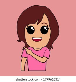 Cute girl pointing hand gesture copy space to present or introduce something