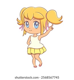 Cute girl pointing up, vector illustration