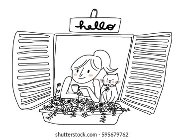 Cute girl with ponytail and her cat sitting together at windowsill and looking out of the window which displayed flowers box outside. Greeting message "Hello" on the signboard hanging above window.
