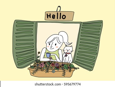 Cute girl with ponytail and her cat sitting together at windowsill and looking out of the window which displayed flowers box outside. Greeting message "Hello" on the signboard hanging above window.