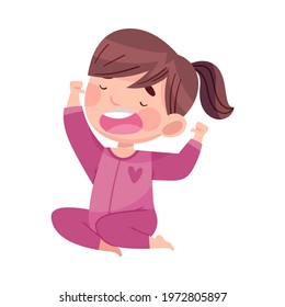 Cute Girl with Ponytail in Pajamas Stretching and Yawning Feeling Sleepy Vector Illustration