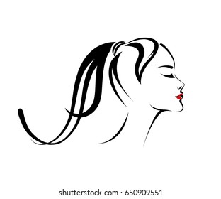 Cute girl with ponytail and red lipstick.Vector icon.